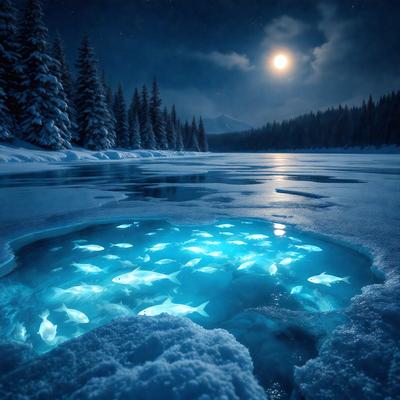 The primary subject of the image is a group of fish swimming in a body of water, possibly a lake or a river. The fish are illuminated by a blue light, creating a unique and captivating visual effect. The setting is a nighttime scene, with the fish glowing in the dark. The visual style of the image is a combination of photo and digital art, creating a surreal and mesmerizing atmosphere. The colors and mood of the image are predominantly blue, with the glowing fish adding a touch of warmth and vibrancy to the scene.